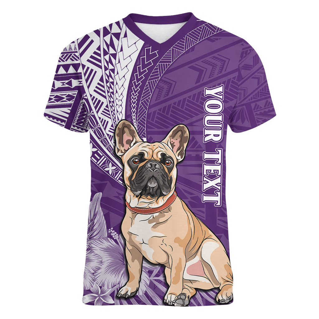 Personalised Polynesian Pacific Bulldog Women V Neck T Shirt With Violet Hawaii Tribal Tattoo Patterns - Wonder Print Shop