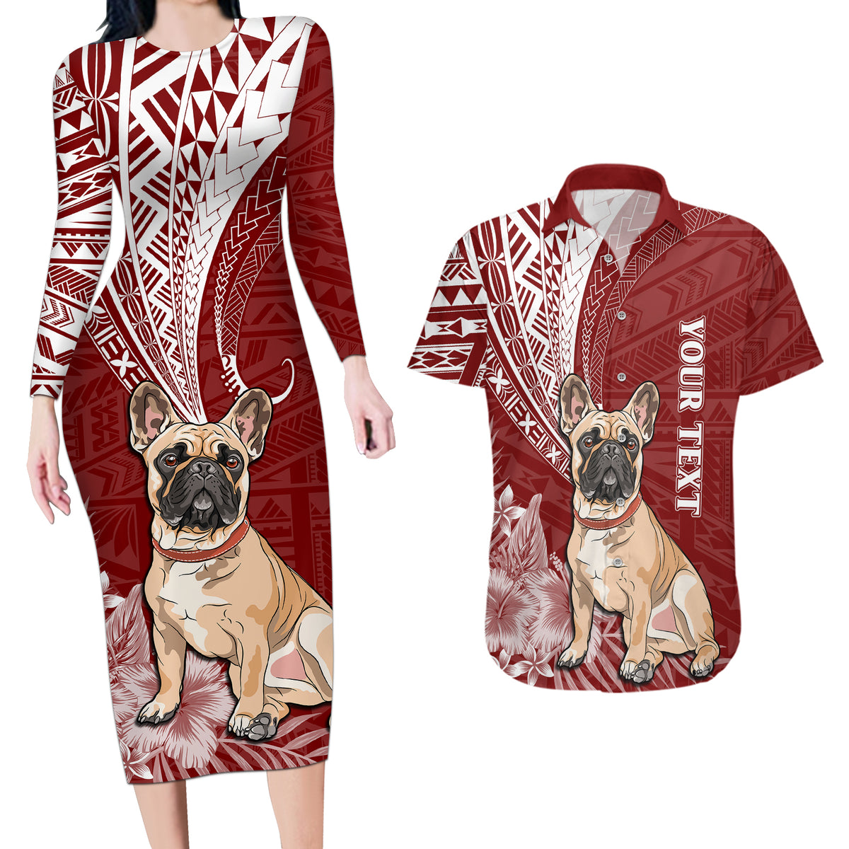 Personalised Polynesian Pacific Bulldog Couples Matching Long Sleeve Bodycon Dress and Hawaiian Shirt With Red Hawaii Tribal Tattoo Patterns LT7 - Wonder Print Shop