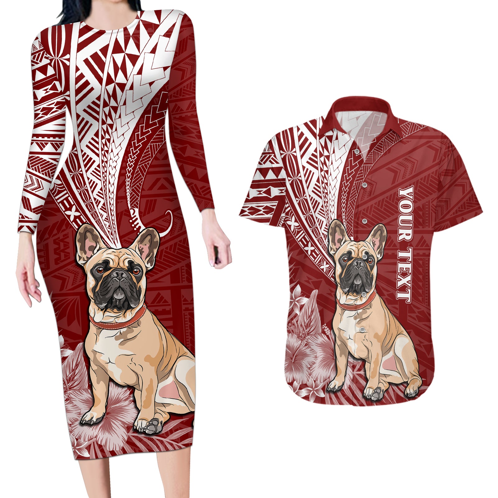 Personalised Polynesian Pacific Bulldog Couples Matching Long Sleeve Bodycon Dress and Hawaiian Shirt With Red Hawaii Tribal Tattoo Patterns LT7 - Wonder Print Shop