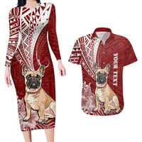 Personalised Polynesian Pacific Bulldog Couples Matching Long Sleeve Bodycon Dress and Hawaiian Shirt With Red Hawaii Tribal Tattoo Patterns LT7 - Wonder Print Shop