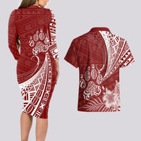 Personalised Polynesian Pacific Bulldog Couples Matching Long Sleeve Bodycon Dress and Hawaiian Shirt With Red Hawaii Tribal Tattoo Patterns LT7 - Wonder Print Shop