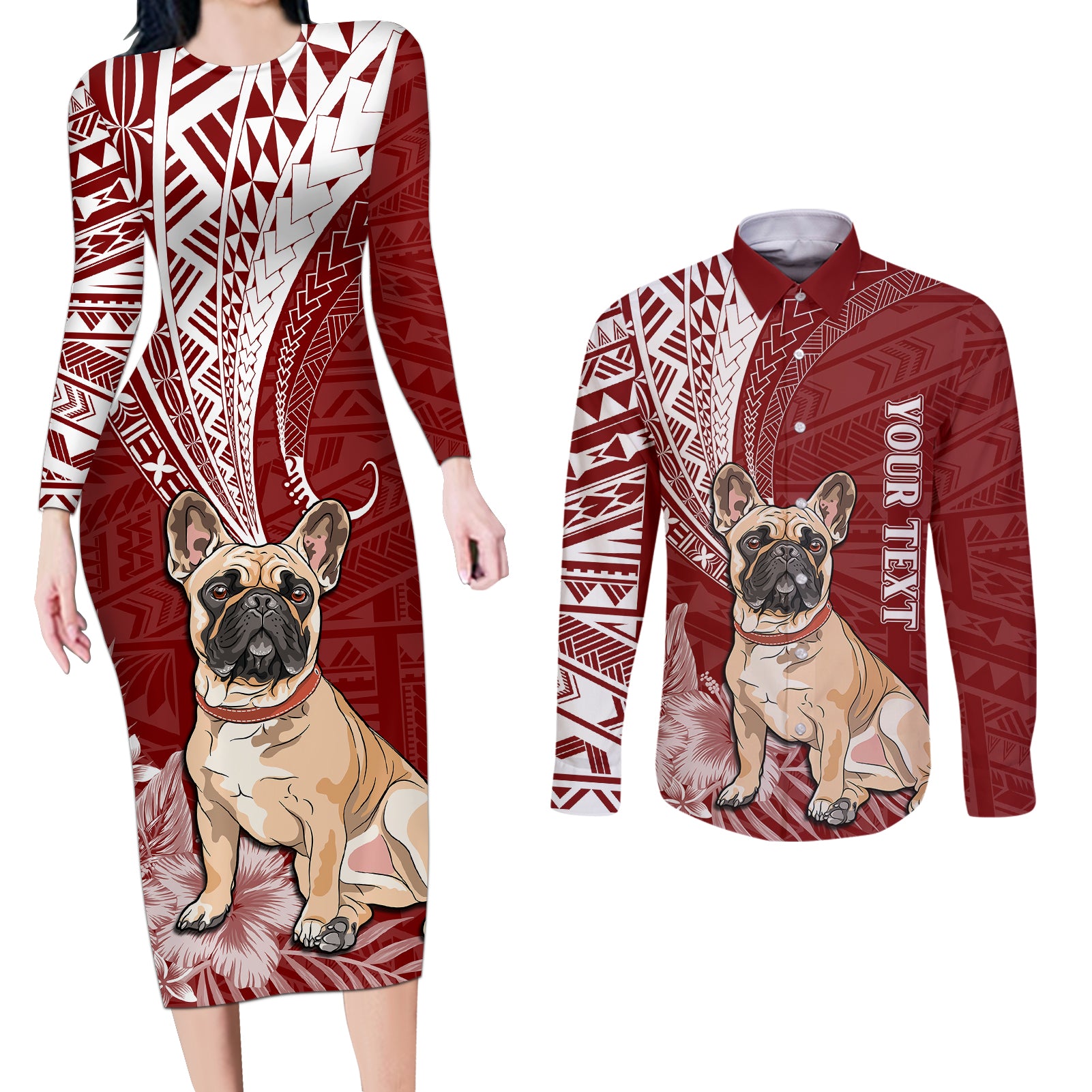 Personalised Polynesian Pacific Bulldog Couples Matching Long Sleeve Bodycon Dress and Long Sleeve Button Shirts With Red Hawaii Tribal Tattoo Patterns LT7 - Wonder Print Shop