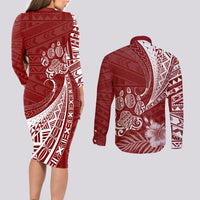 Personalised Polynesian Pacific Bulldog Couples Matching Long Sleeve Bodycon Dress and Long Sleeve Button Shirts With Red Hawaii Tribal Tattoo Patterns LT7 - Wonder Print Shop