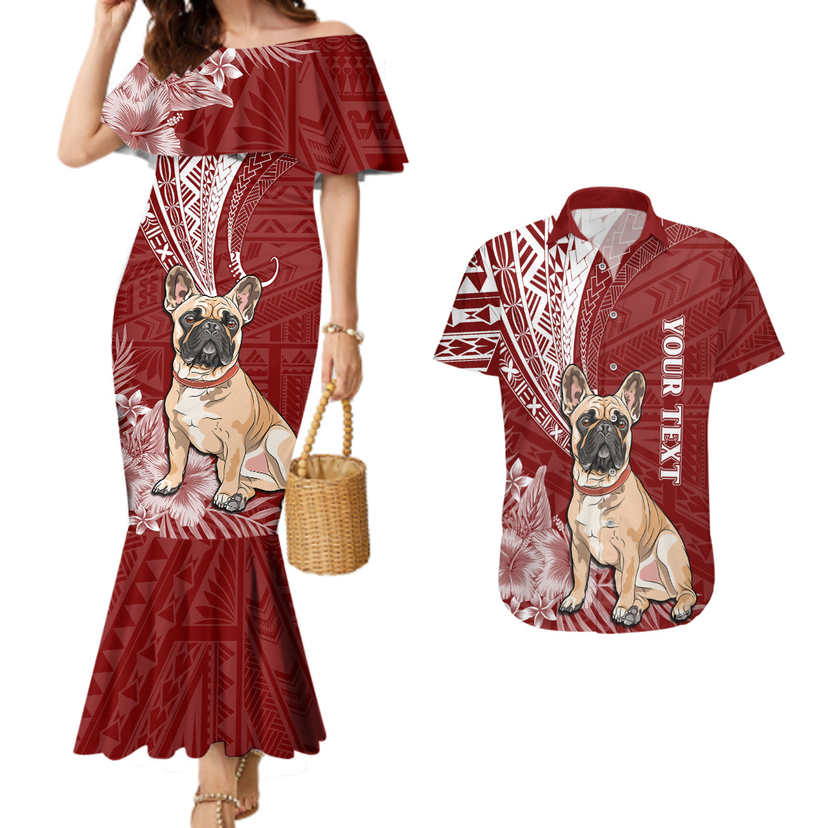 Personalised Polynesian Pacific Bulldog Couples Matching Mermaid Dress And Hawaiian Shirt With Red Hawaii Tribal Tattoo Patterns LT7 - Wonder Print Shop