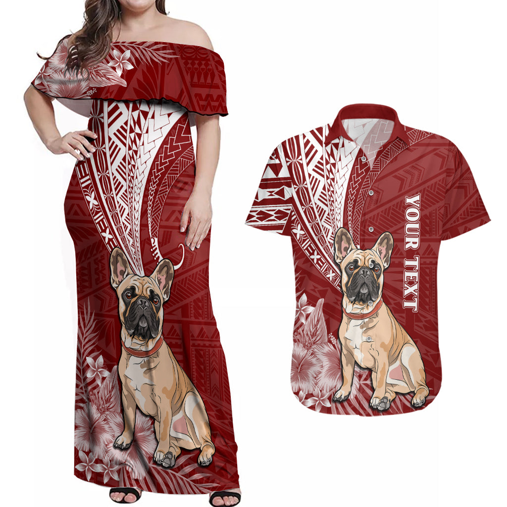 Personalised Polynesian Pacific Bulldog Couples Matching Off Shoulder Maxi Dress and Hawaiian Shirt With Red Hawaii Tribal Tattoo Patterns LT7 - Wonder Print Shop