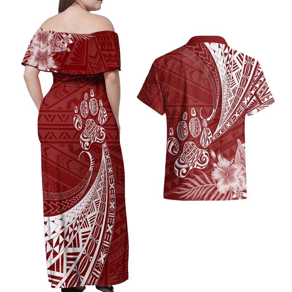 Personalised Polynesian Pacific Bulldog Couples Matching Off Shoulder Maxi Dress and Hawaiian Shirt With Red Hawaii Tribal Tattoo Patterns LT7 - Wonder Print Shop