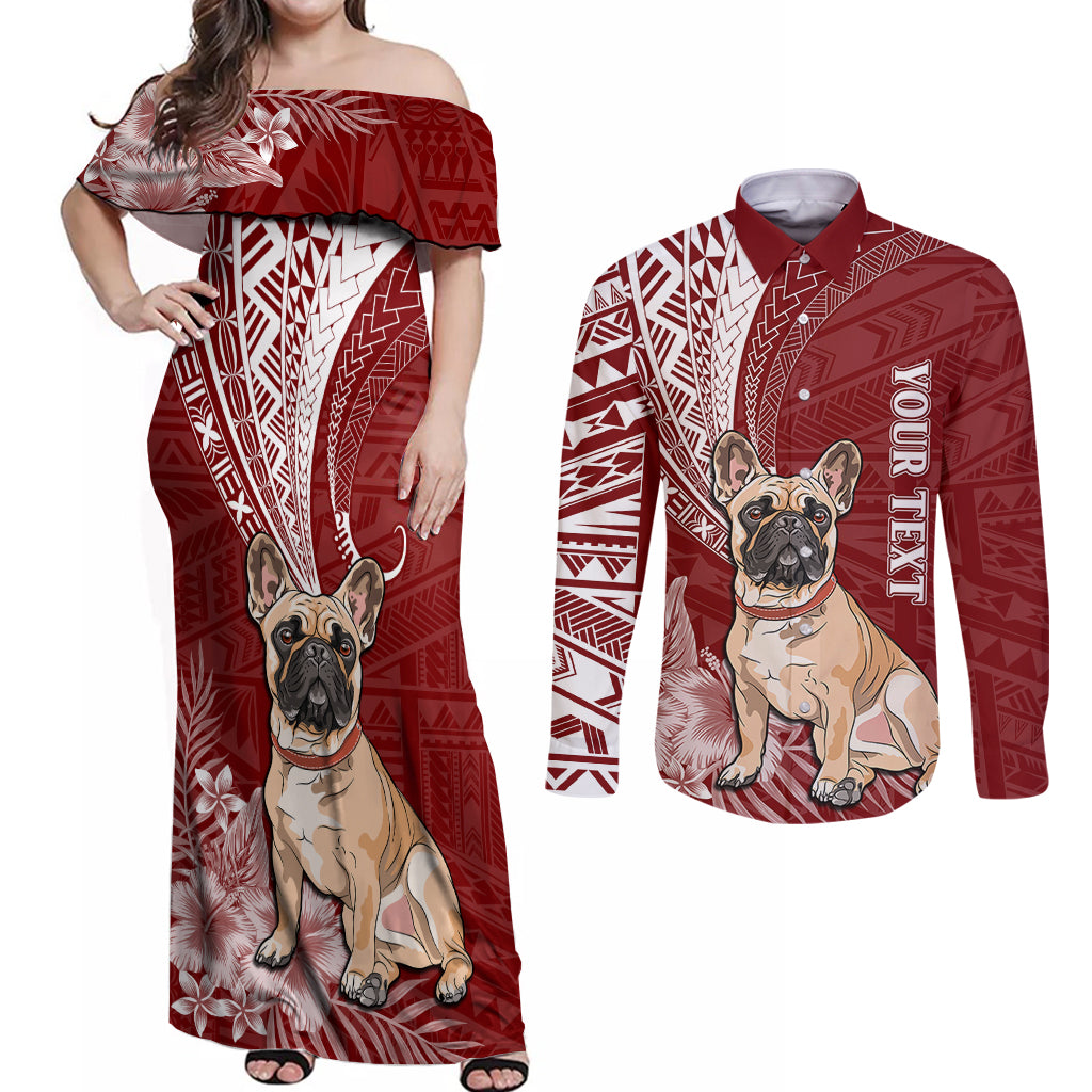 Personalised Polynesian Pacific Bulldog Couples Matching Off Shoulder Maxi Dress and Long Sleeve Button Shirts With Red Hawaii Tribal Tattoo Patterns LT7 - Wonder Print Shop