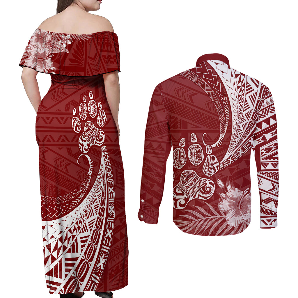 Personalised Polynesian Pacific Bulldog Couples Matching Off Shoulder Maxi Dress and Long Sleeve Button Shirts With Red Hawaii Tribal Tattoo Patterns LT7 - Wonder Print Shop