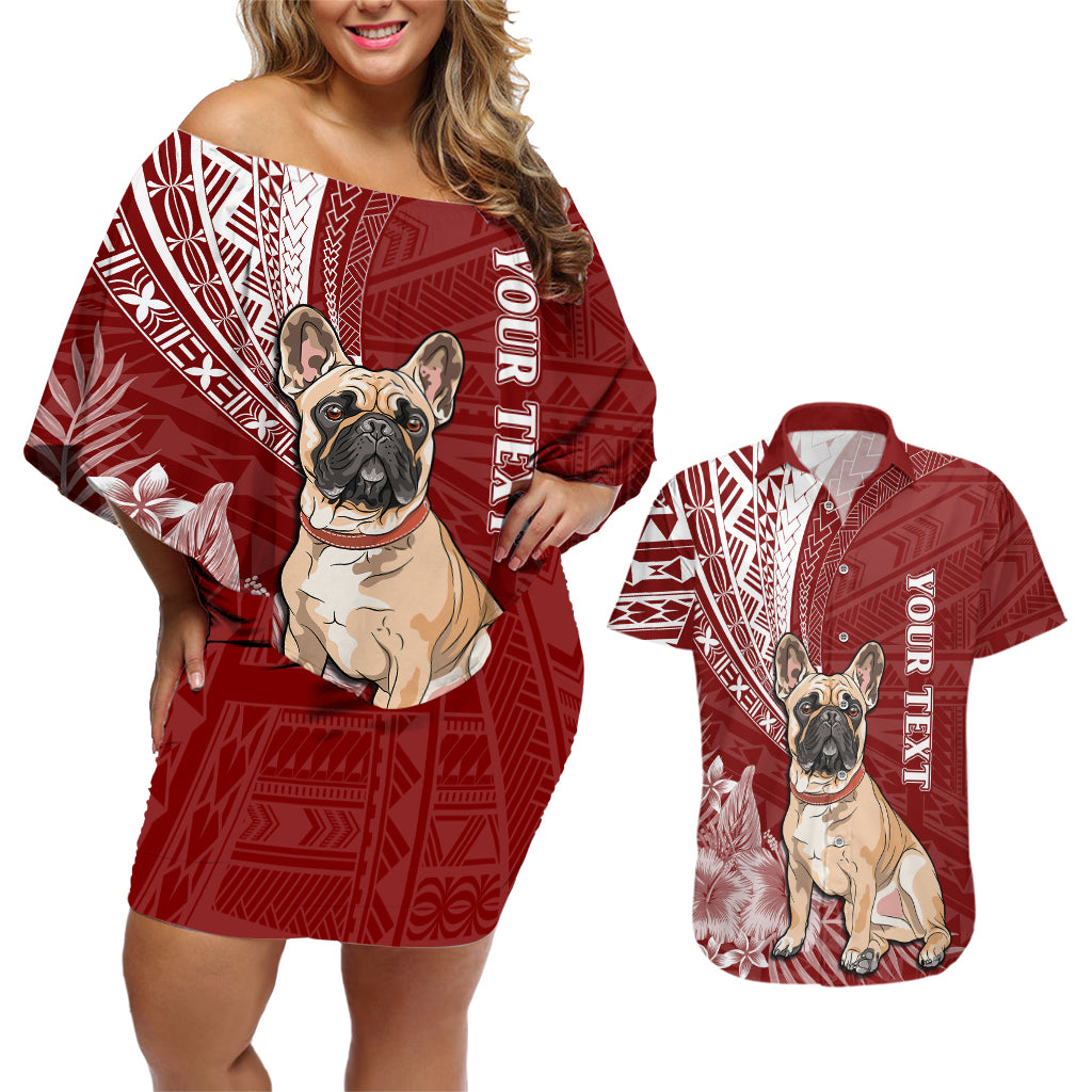 Personalised Polynesian Pacific Bulldog Couples Matching Off Shoulder Short Dress and Hawaiian Shirt With Red Hawaii Tribal Tattoo Patterns LT7 - Wonder Print Shop