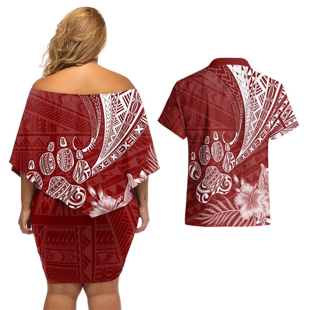Personalised Polynesian Pacific Bulldog Couples Matching Off Shoulder Short Dress and Hawaiian Shirt With Red Hawaii Tribal Tattoo Patterns LT7 - Wonder Print Shop