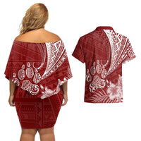 Personalised Polynesian Pacific Bulldog Couples Matching Off Shoulder Short Dress and Hawaiian Shirt With Red Hawaii Tribal Tattoo Patterns LT7 - Wonder Print Shop