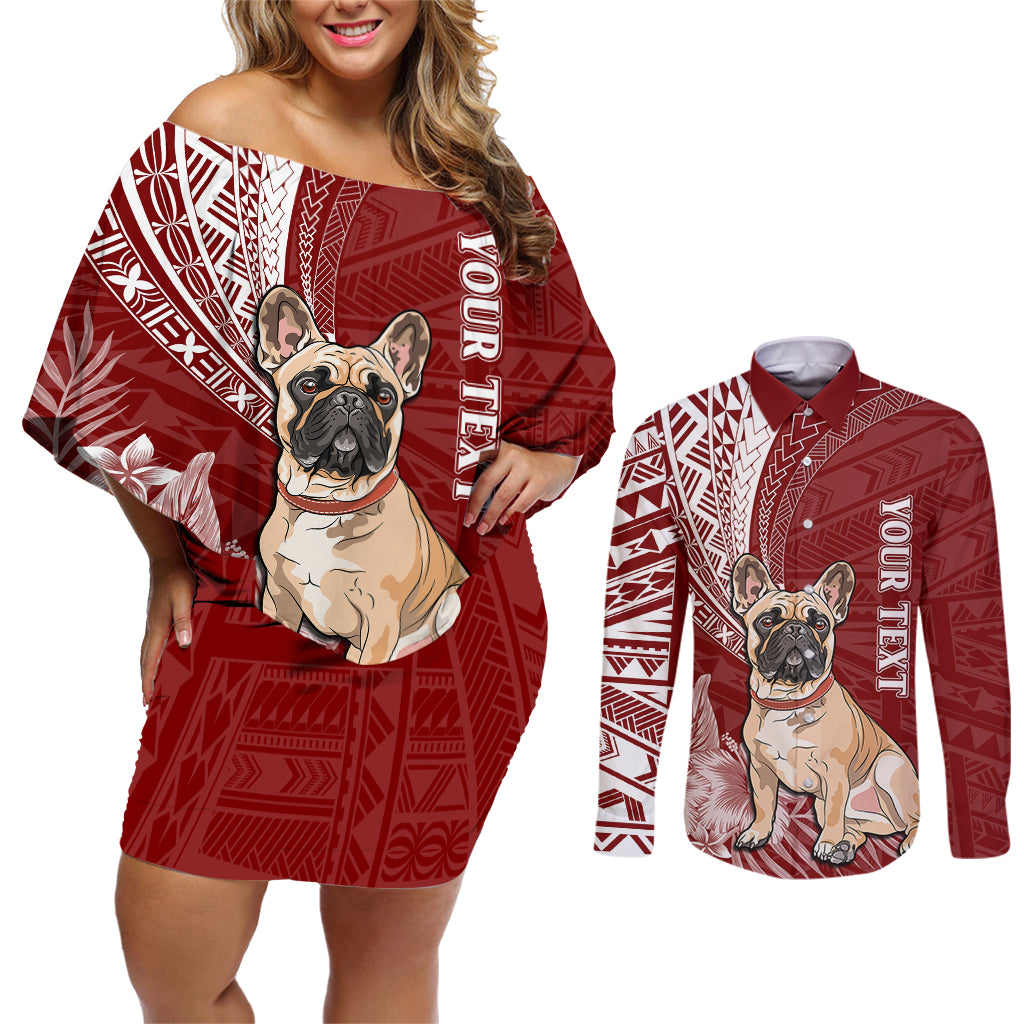 Personalised Polynesian Pacific Bulldog Couples Matching Off Shoulder Short Dress and Long Sleeve Button Shirts With Red Hawaii Tribal Tattoo Patterns LT7 - Wonder Print Shop