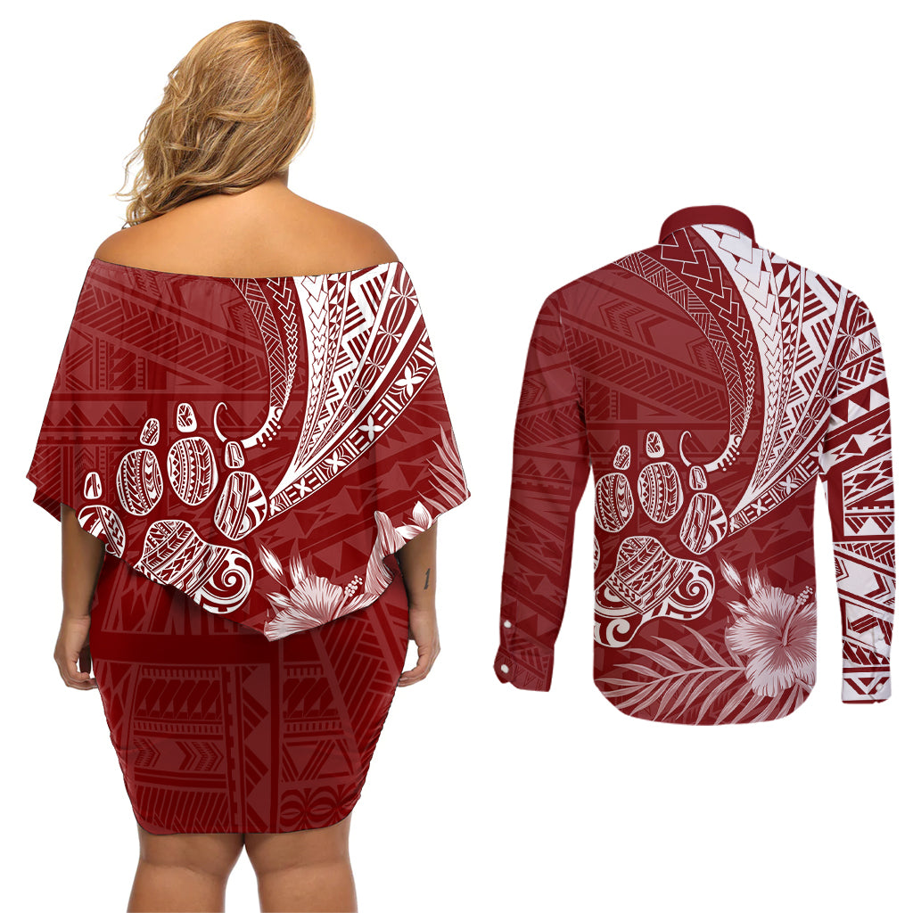 Personalised Polynesian Pacific Bulldog Couples Matching Off Shoulder Short Dress and Long Sleeve Button Shirts With Red Hawaii Tribal Tattoo Patterns LT7 - Wonder Print Shop