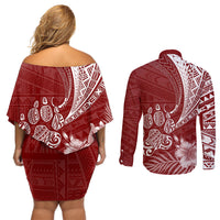 Personalised Polynesian Pacific Bulldog Couples Matching Off Shoulder Short Dress and Long Sleeve Button Shirts With Red Hawaii Tribal Tattoo Patterns LT7 - Wonder Print Shop