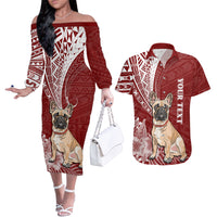 Personalised Polynesian Pacific Bulldog Couples Matching Off The Shoulder Long Sleeve Dress and Hawaiian Shirt With Red Hawaii Tribal Tattoo Patterns LT7 - Wonder Print Shop