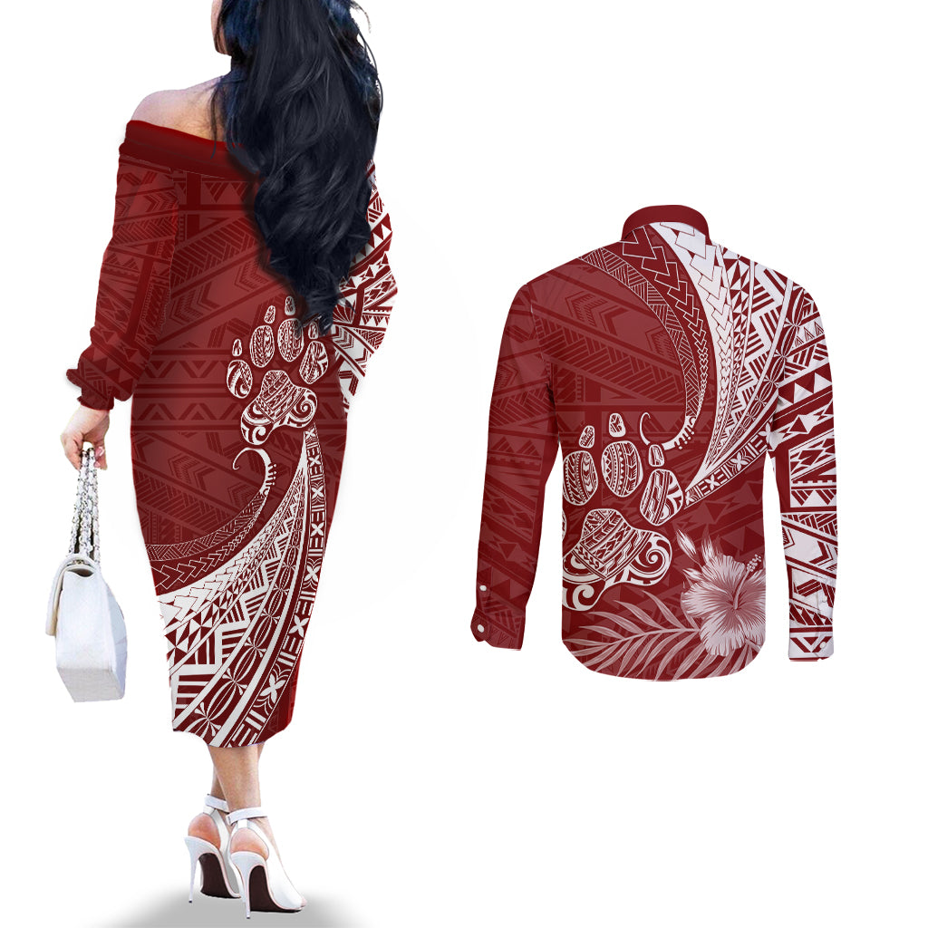 personalised-polynesian-pacific-bulldog-couples-matching-off-the-shoulder-long-sleeve-dress-and-long-sleeve-button-shirts-with-red-hawaii-tribal-tattoo-patterns