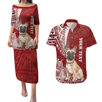 Personalised Polynesian Pacific Bulldog Couples Matching Puletasi Dress and Hawaiian Shirt With Red Hawaii Tribal Tattoo Patterns LT7 - Wonder Print Shop