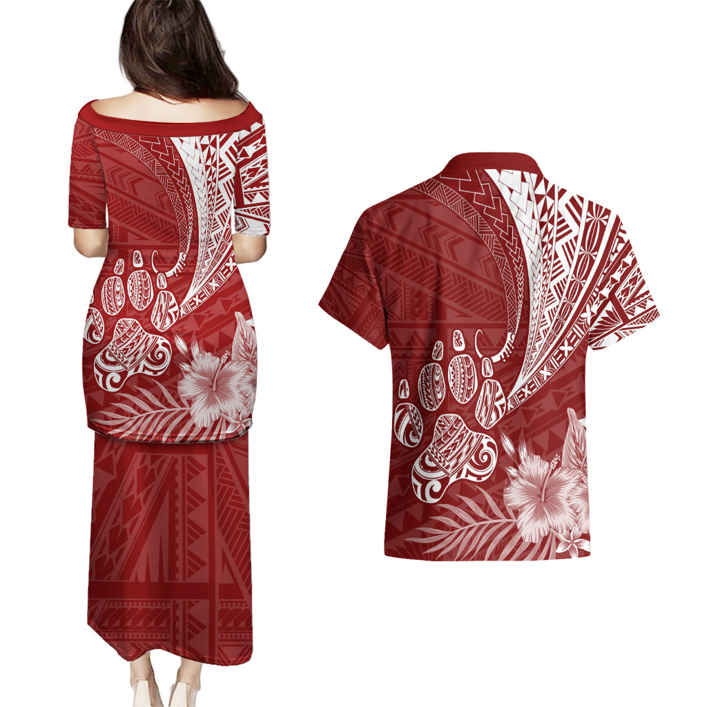 Personalised Polynesian Pacific Bulldog Couples Matching Puletasi Dress and Hawaiian Shirt With Red Hawaii Tribal Tattoo Patterns LT7 - Wonder Print Shop