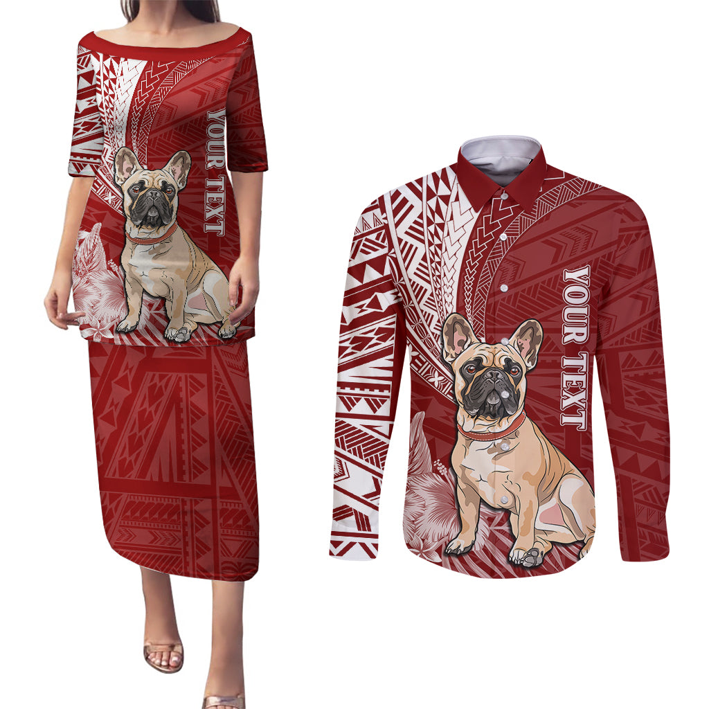 Personalised Polynesian Pacific Bulldog Couples Matching Puletasi Dress and Long Sleeve Button Shirts With Red Hawaii Tribal Tattoo Patterns LT7 - Wonder Print Shop