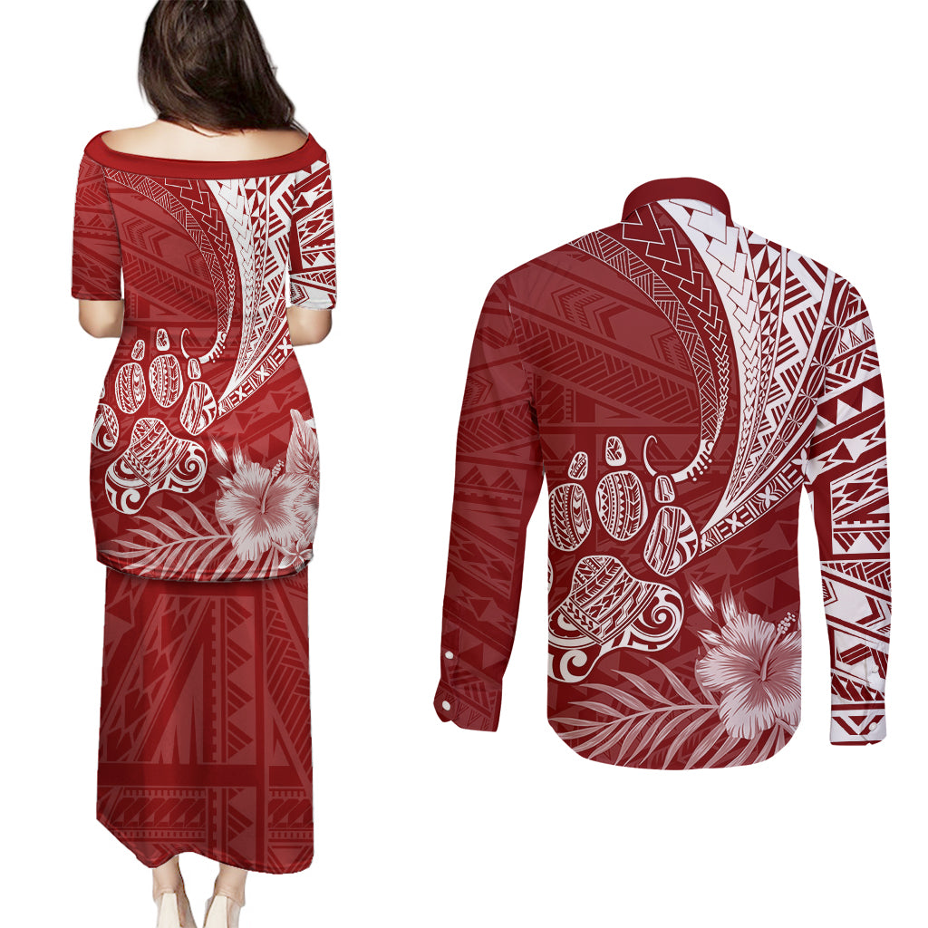 Personalised Polynesian Pacific Bulldog Couples Matching Puletasi Dress and Long Sleeve Button Shirts With Red Hawaii Tribal Tattoo Patterns LT7 - Wonder Print Shop