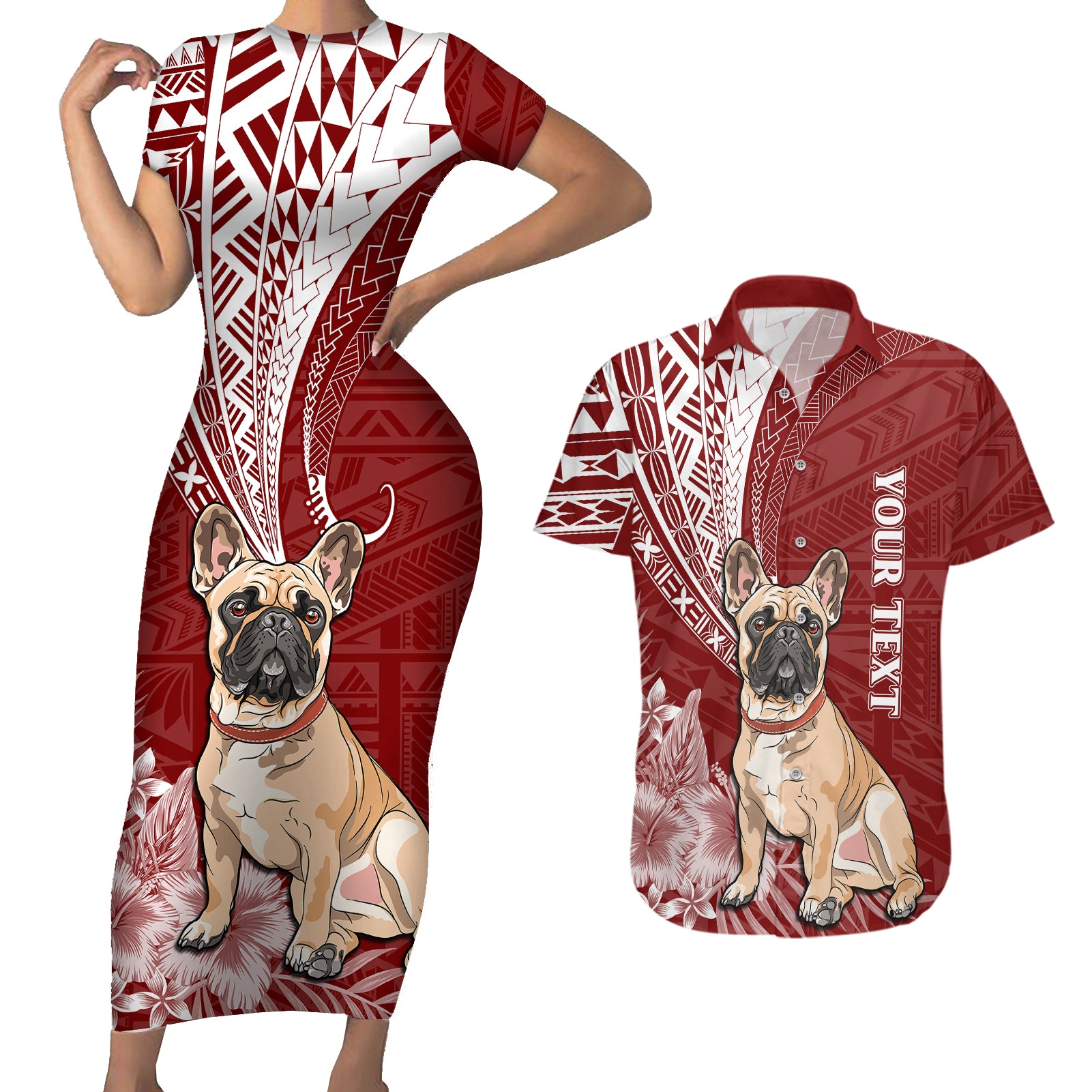 Personalised Polynesian Pacific Bulldog Couples Matching Short Sleeve Bodycon Dress and Hawaiian Shirt With Red Hawaii Tribal Tattoo Patterns LT7 - Wonder Print Shop