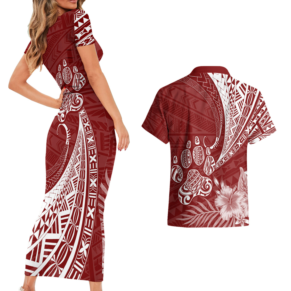 Personalised Polynesian Pacific Bulldog Couples Matching Short Sleeve Bodycon Dress and Hawaiian Shirt With Red Hawaii Tribal Tattoo Patterns LT7 - Wonder Print Shop