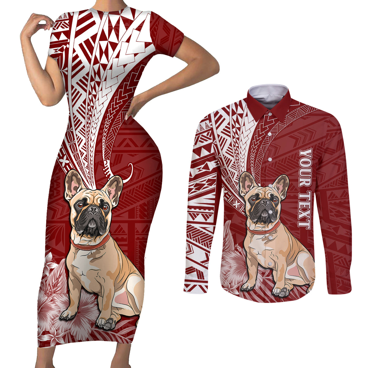 Personalised Polynesian Pacific Bulldog Couples Matching Short Sleeve Bodycon Dress and Long Sleeve Button Shirts With Red Hawaii Tribal Tattoo Patterns LT7 - Wonder Print Shop