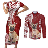 Personalised Polynesian Pacific Bulldog Couples Matching Short Sleeve Bodycon Dress and Long Sleeve Button Shirts With Red Hawaii Tribal Tattoo Patterns LT7 - Wonder Print Shop
