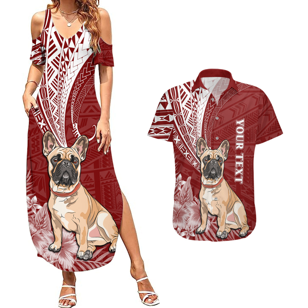 Personalised Polynesian Pacific Bulldog Couples Matching Summer Maxi Dress and Hawaiian Shirt With Red Hawaii Tribal Tattoo Patterns LT7 - Wonder Print Shop