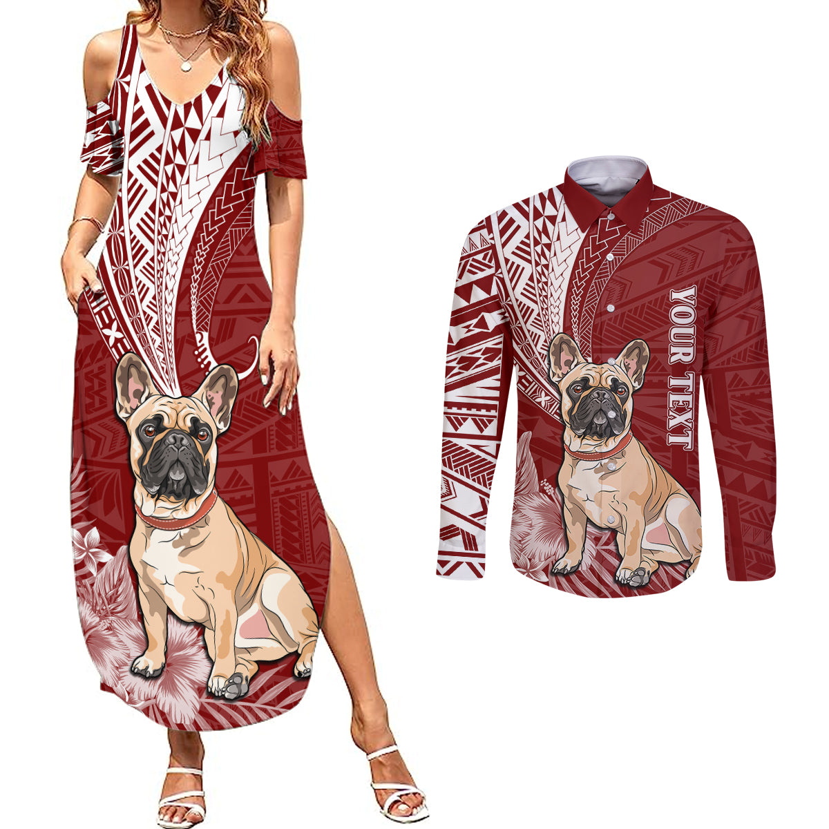 Personalised Polynesian Pacific Bulldog Couples Matching Summer Maxi Dress and Long Sleeve Button Shirts With Red Hawaii Tribal Tattoo Patterns LT7 - Wonder Print Shop