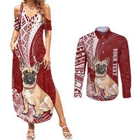 Personalised Polynesian Pacific Bulldog Couples Matching Summer Maxi Dress and Long Sleeve Button Shirts With Red Hawaii Tribal Tattoo Patterns LT7 - Wonder Print Shop
