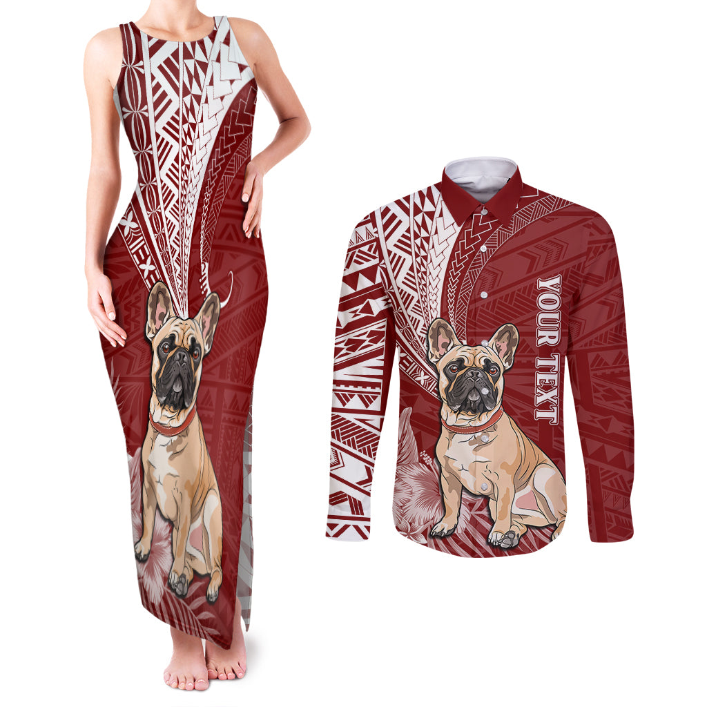 Personalised Polynesian Pacific Bulldog Couples Matching Tank Maxi Dress and Long Sleeve Button Shirts With Red Hawaii Tribal Tattoo Patterns LT7 - Wonder Print Shop