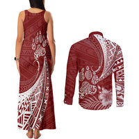 Personalised Polynesian Pacific Bulldog Couples Matching Tank Maxi Dress and Long Sleeve Button Shirts With Red Hawaii Tribal Tattoo Patterns LT7 - Wonder Print Shop
