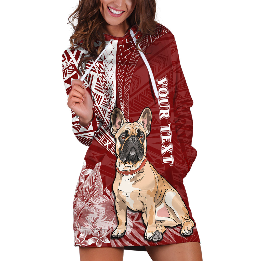 Personalised Polynesian Pacific Bulldog Hoodie Dress With Red Hawaii Tribal Tattoo Patterns - Wonder Print Shop