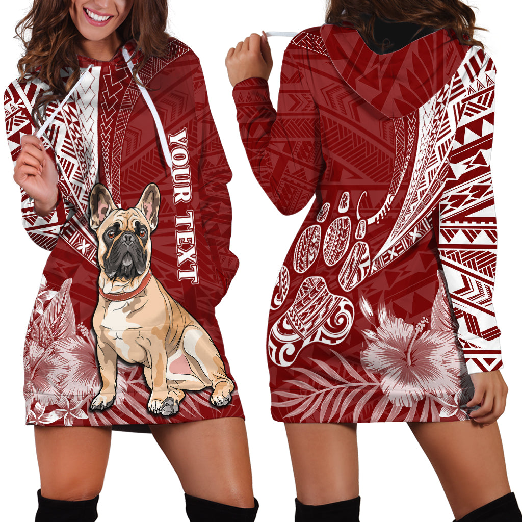Personalised Polynesian Pacific Bulldog Hoodie Dress With Red Hawaii Tribal Tattoo Patterns - Wonder Print Shop
