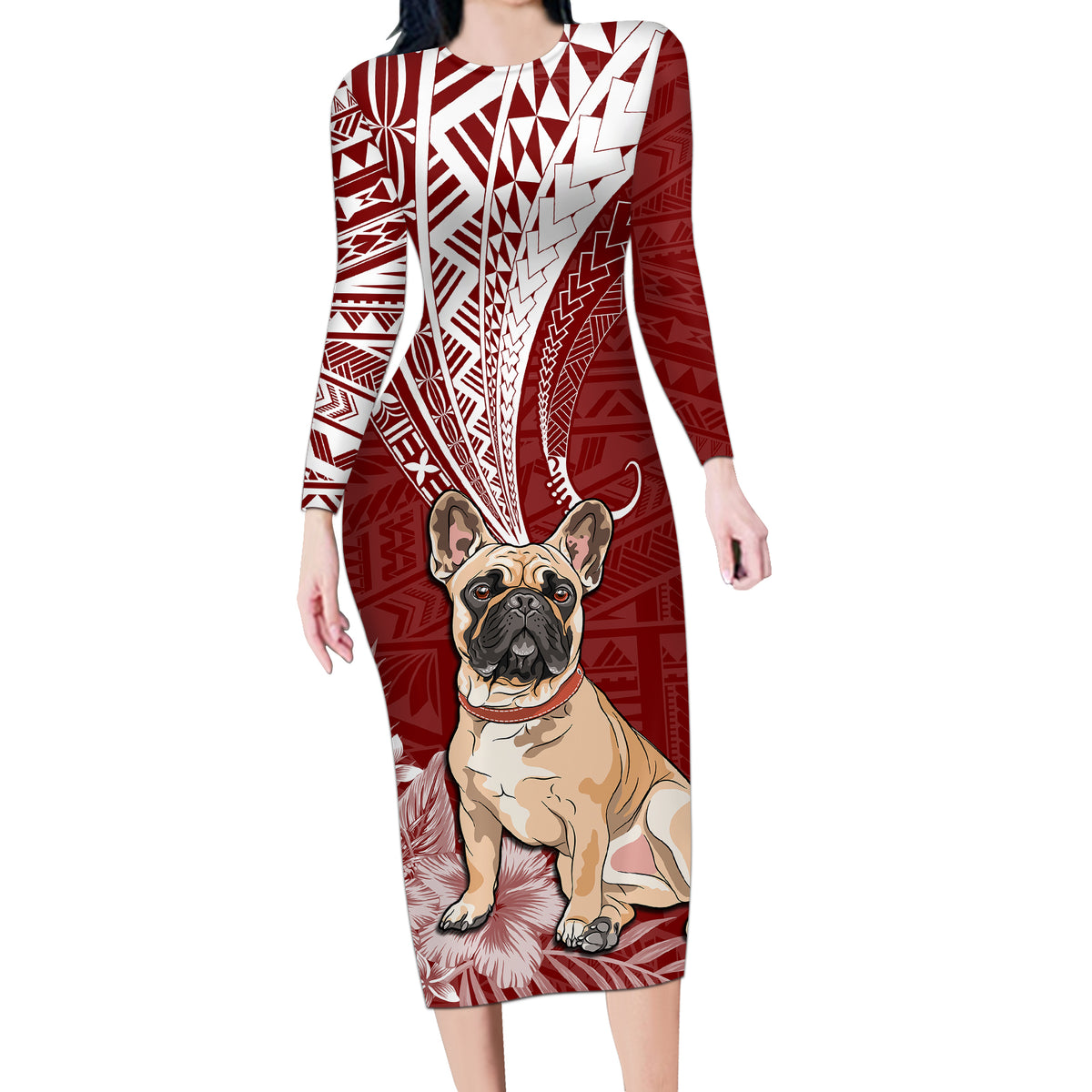Personalised Polynesian Pacific Bulldog Long Sleeve Bodycon Dress With Red Hawaii Tribal Tattoo Patterns - Wonder Print Shop