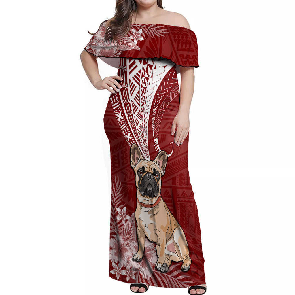 Personalised Polynesian Pacific Bulldog Off Shoulder Maxi Dress With Red Hawaii Tribal Tattoo Patterns - Wonder Print Shop