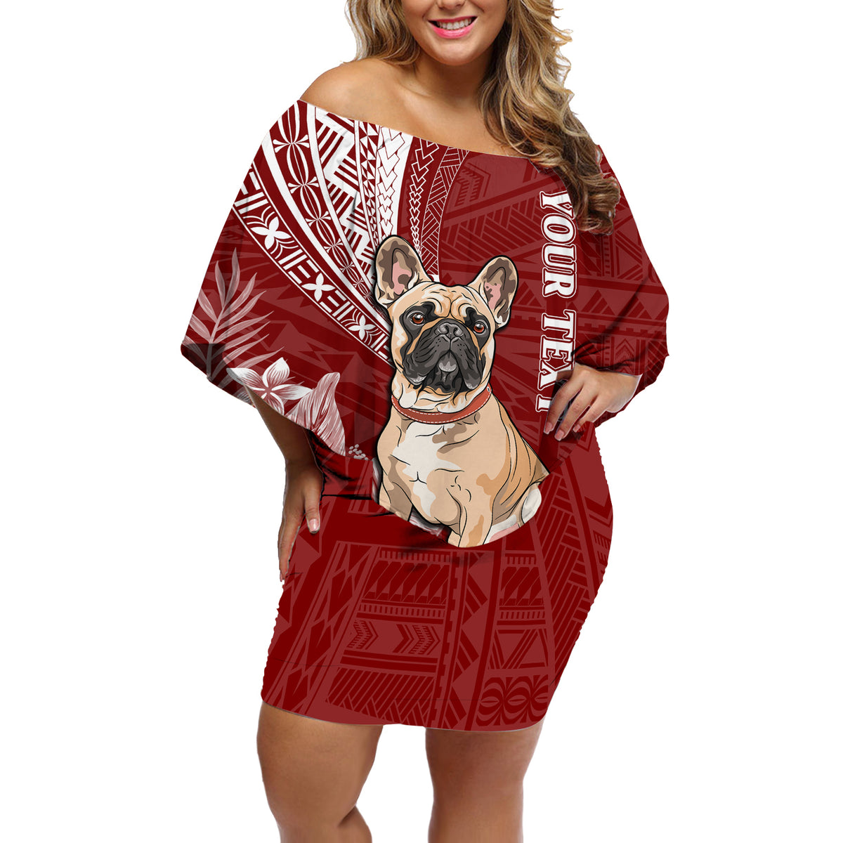 Personalised Polynesian Pacific Bulldog Off Shoulder Short Dress With Red Hawaii Tribal Tattoo Patterns - Wonder Print Shop