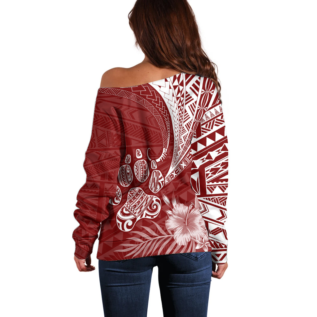 Personalised Polynesian Pacific Bulldog Off Shoulder Sweater With Red Hawaii Tribal Tattoo Patterns - Wonder Print Shop