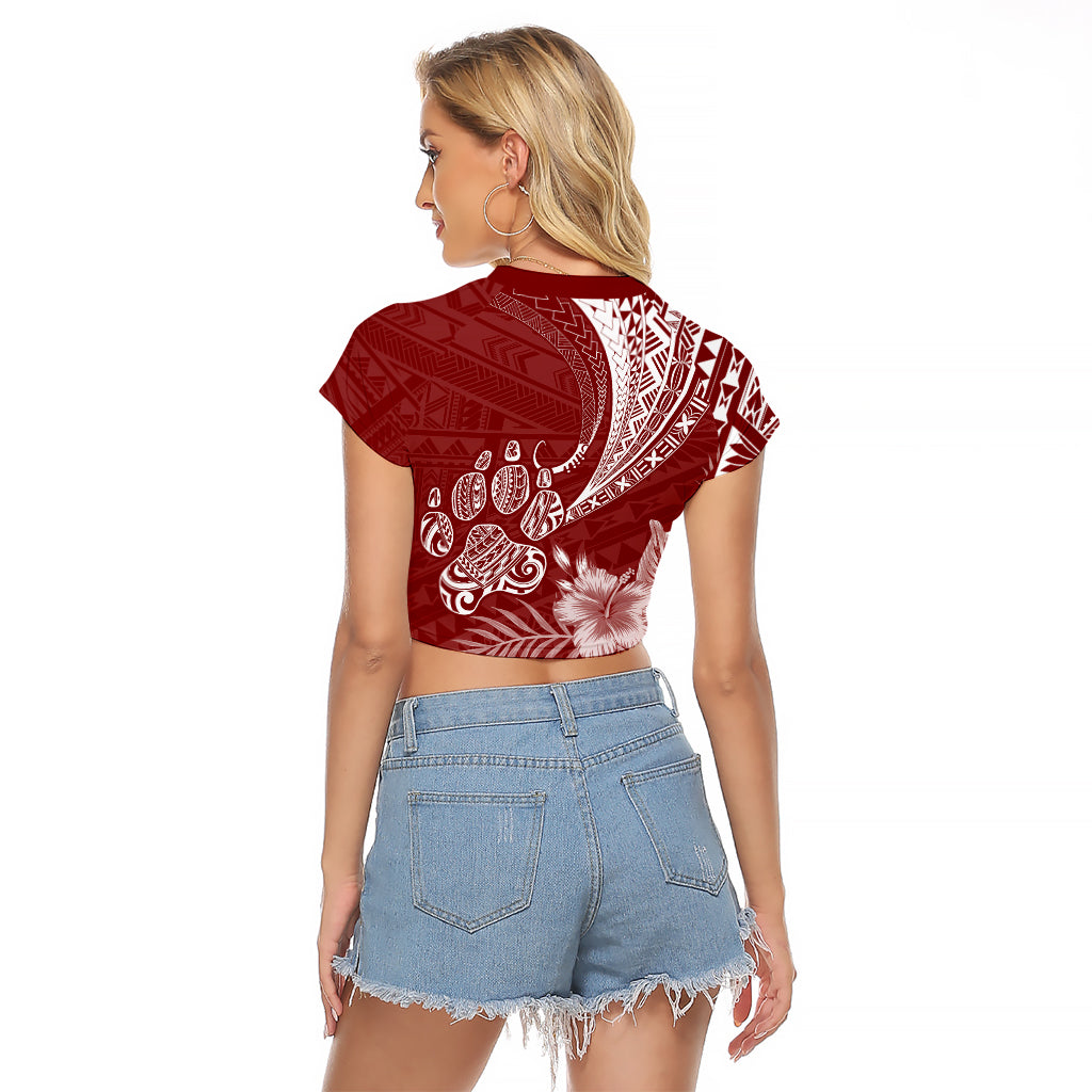 Personalised Polynesian Pacific Bulldog Raglan Cropped T Shirt With Red Hawaii Tribal Tattoo Patterns - Wonder Print Shop