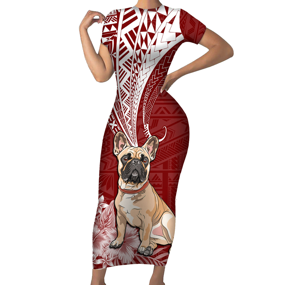 Personalised Polynesian Pacific Bulldog Short Sleeve Bodycon Dress With Red Hawaii Tribal Tattoo Patterns - Wonder Print Shop