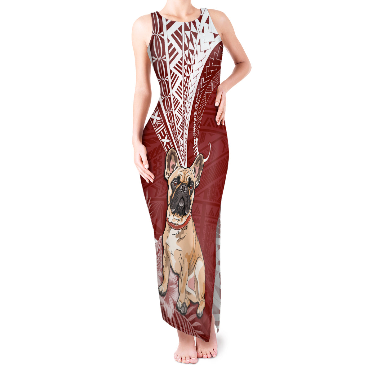 Personalised Polynesian Pacific Bulldog Tank Maxi Dress With Red Hawaii Tribal Tattoo Patterns - Wonder Print Shop