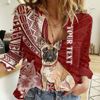 Personalised Polynesian Pacific Bulldog Women Casual Shirt With Red Hawaii Tribal Tattoo Patterns - Wonder Print Shop