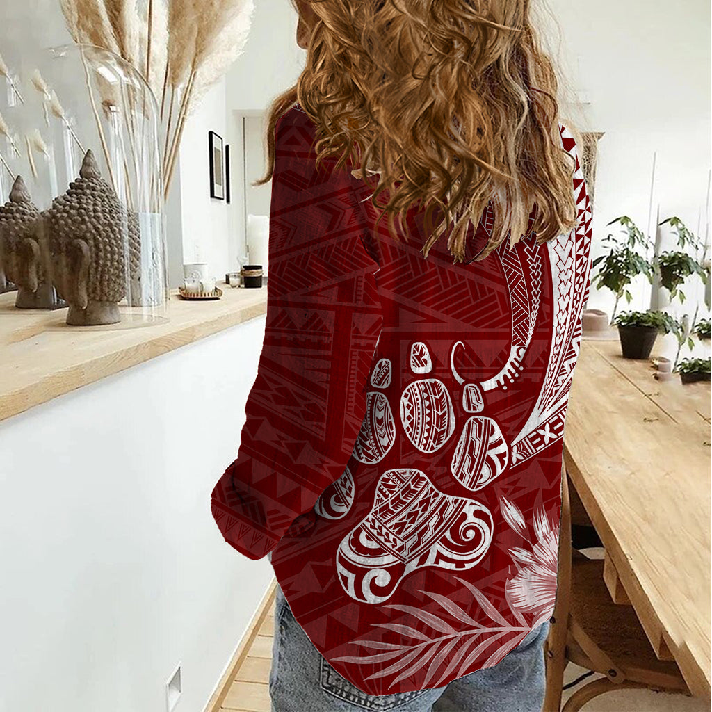 Personalised Polynesian Pacific Bulldog Women Casual Shirt With Red Hawaii Tribal Tattoo Patterns - Wonder Print Shop