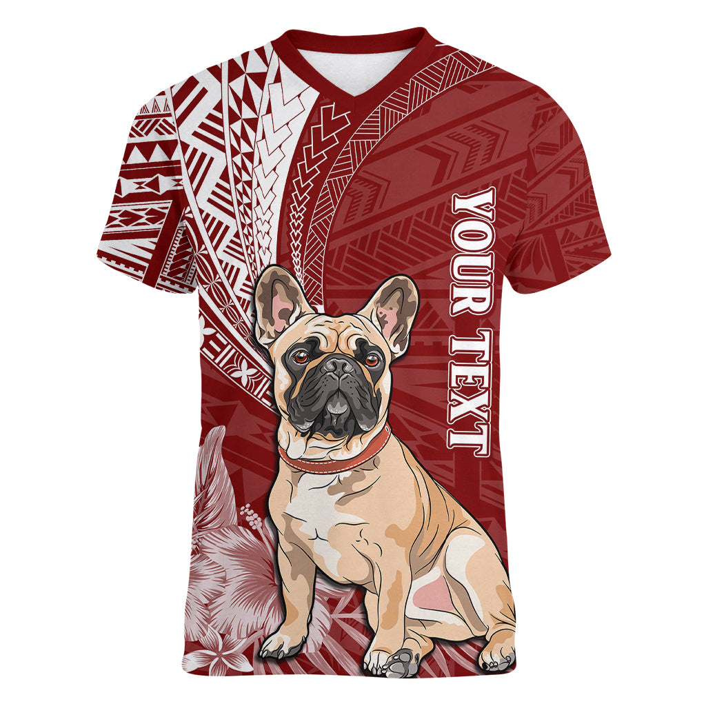 Personalised Polynesian Pacific Bulldog Women V Neck T Shirt With Red Hawaii Tribal Tattoo Patterns - Wonder Print Shop