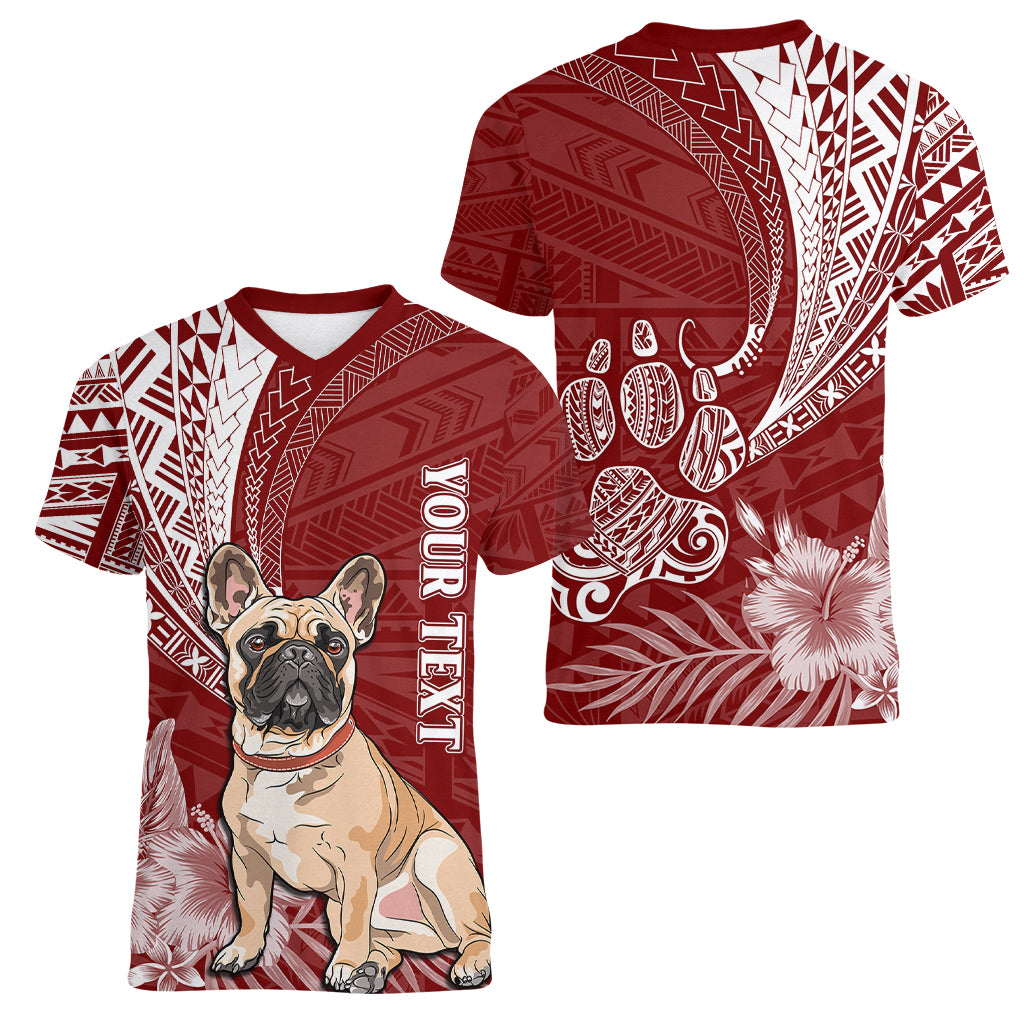 Personalised Polynesian Pacific Bulldog Women V Neck T Shirt With Red Hawaii Tribal Tattoo Patterns - Wonder Print Shop
