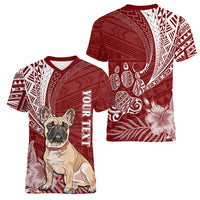 Personalised Polynesian Pacific Bulldog Women V Neck T Shirt With Red Hawaii Tribal Tattoo Patterns - Wonder Print Shop