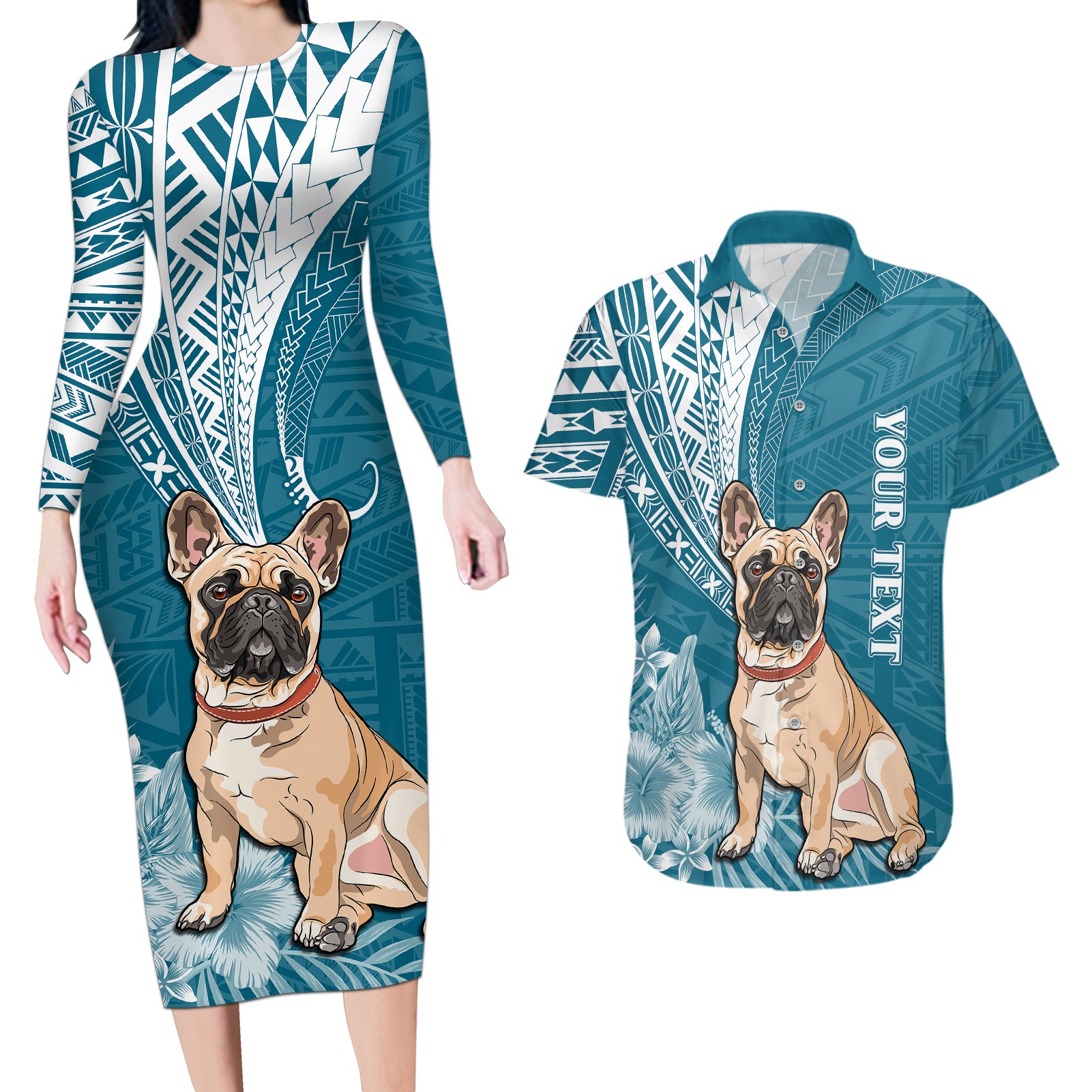 Personalised Polynesian Pacific Bulldog Couples Matching Long Sleeve Bodycon Dress and Hawaiian Shirt With Teal Hawaii Tribal Tattoo Patterns LT7 - Wonder Print Shop