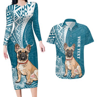 Personalised Polynesian Pacific Bulldog Couples Matching Long Sleeve Bodycon Dress and Hawaiian Shirt With Teal Hawaii Tribal Tattoo Patterns LT7 - Wonder Print Shop
