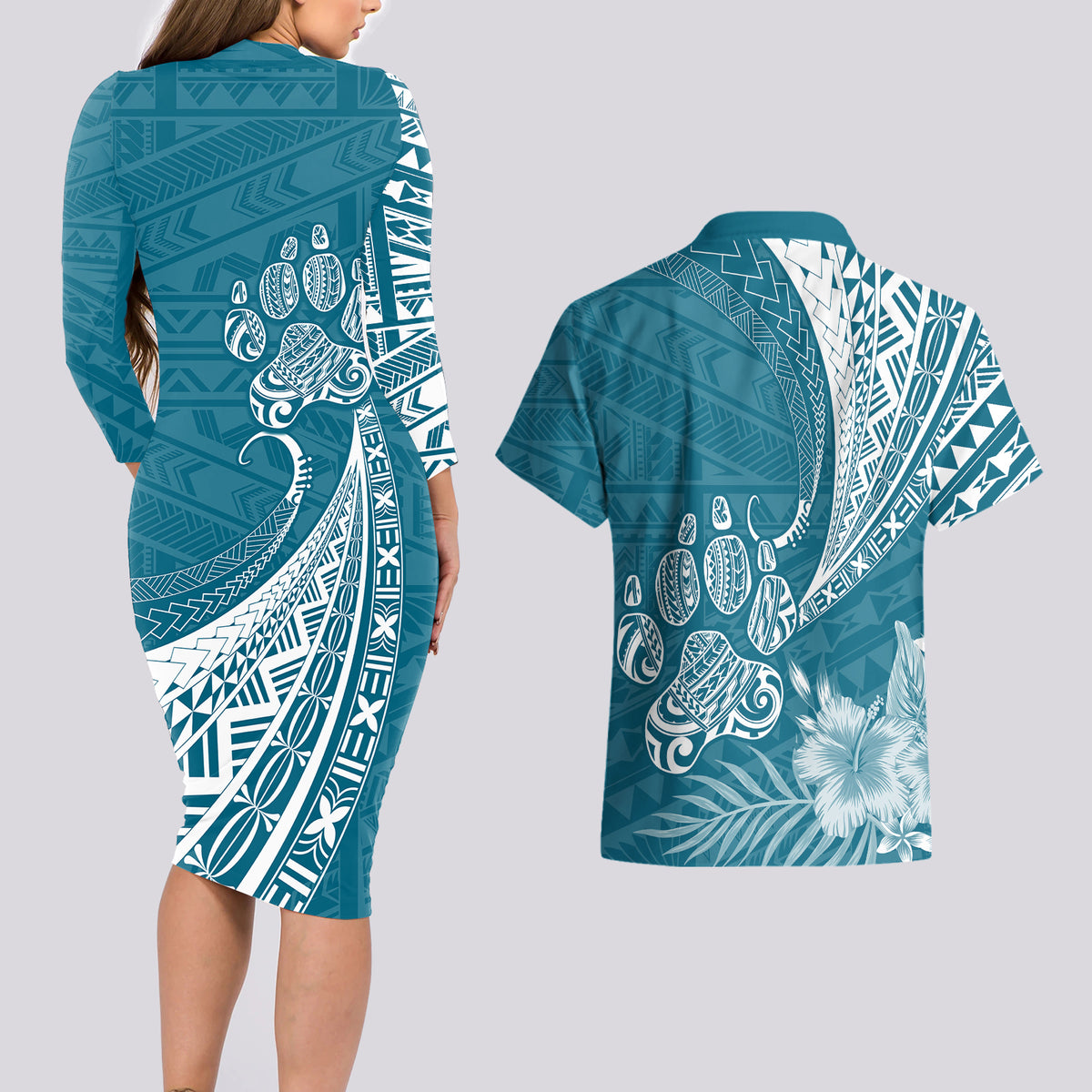 Personalised Polynesian Pacific Bulldog Couples Matching Long Sleeve Bodycon Dress and Hawaiian Shirt With Teal Hawaii Tribal Tattoo Patterns LT7 - Wonder Print Shop